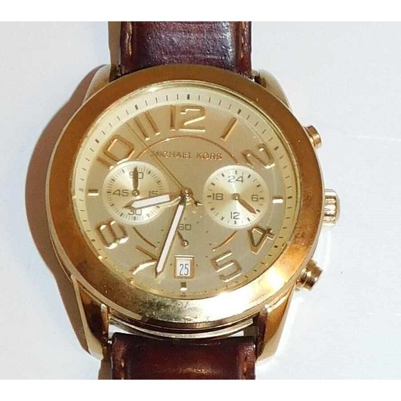 Michael Kors Watch MK-2251 Mercer Gold Chronograph‎ Brown Leather Strap - Picture 1 of 4